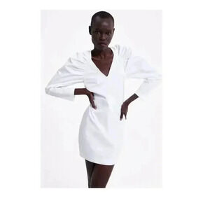NWT Zara Poplin White Mini Dress Balloon Sleeves Zip Close Women’s Size Small
